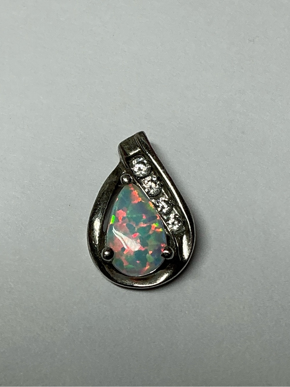 Sterling Silver Opal Teardrop Pendant with Clear Accent Stones - Multicolor Opal